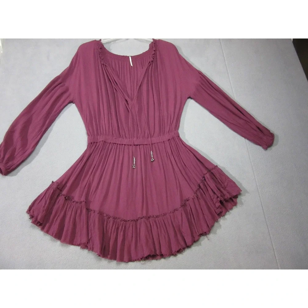 Free People Mini Dress Womens Small Purple Boho Ruffle Long Sleeve